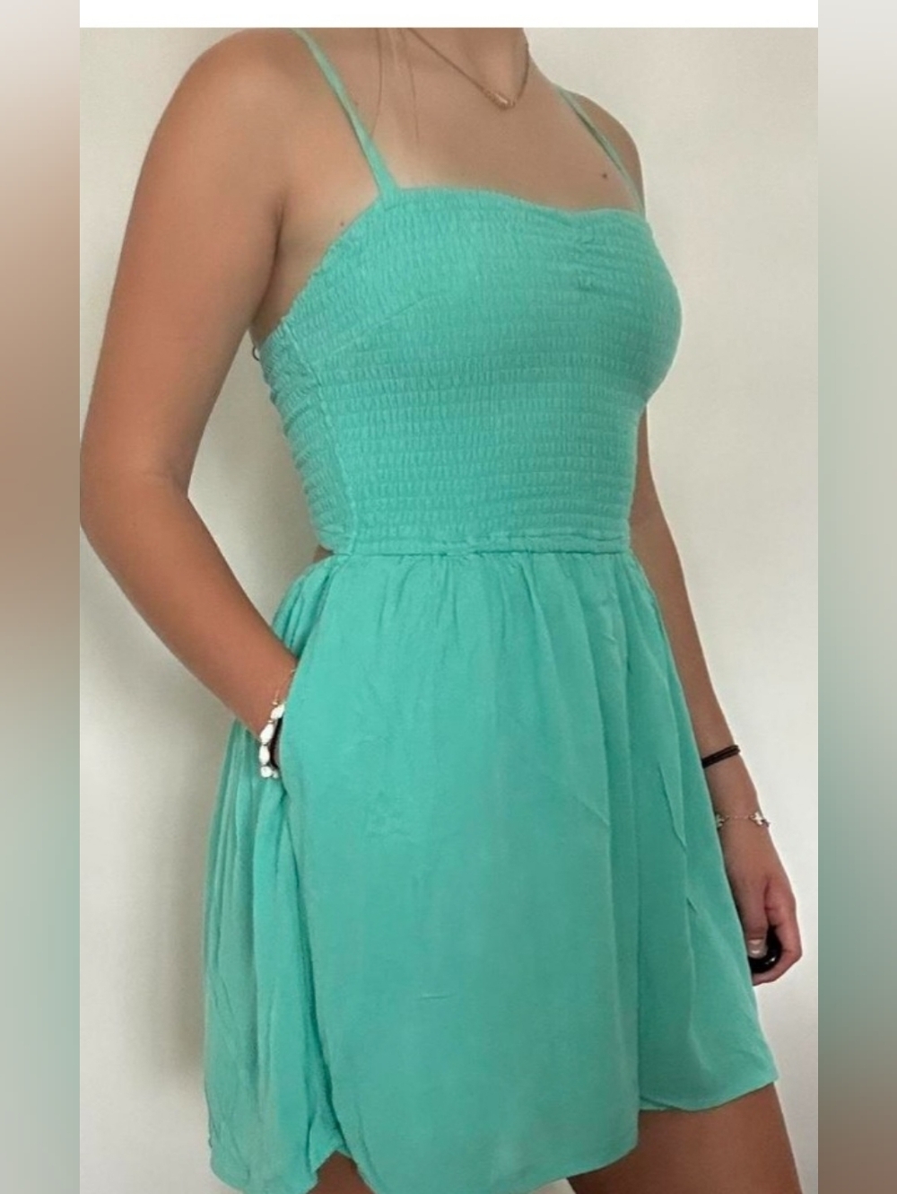 Hollister Mint Green Smocked Romper with Cut Out Back Detail